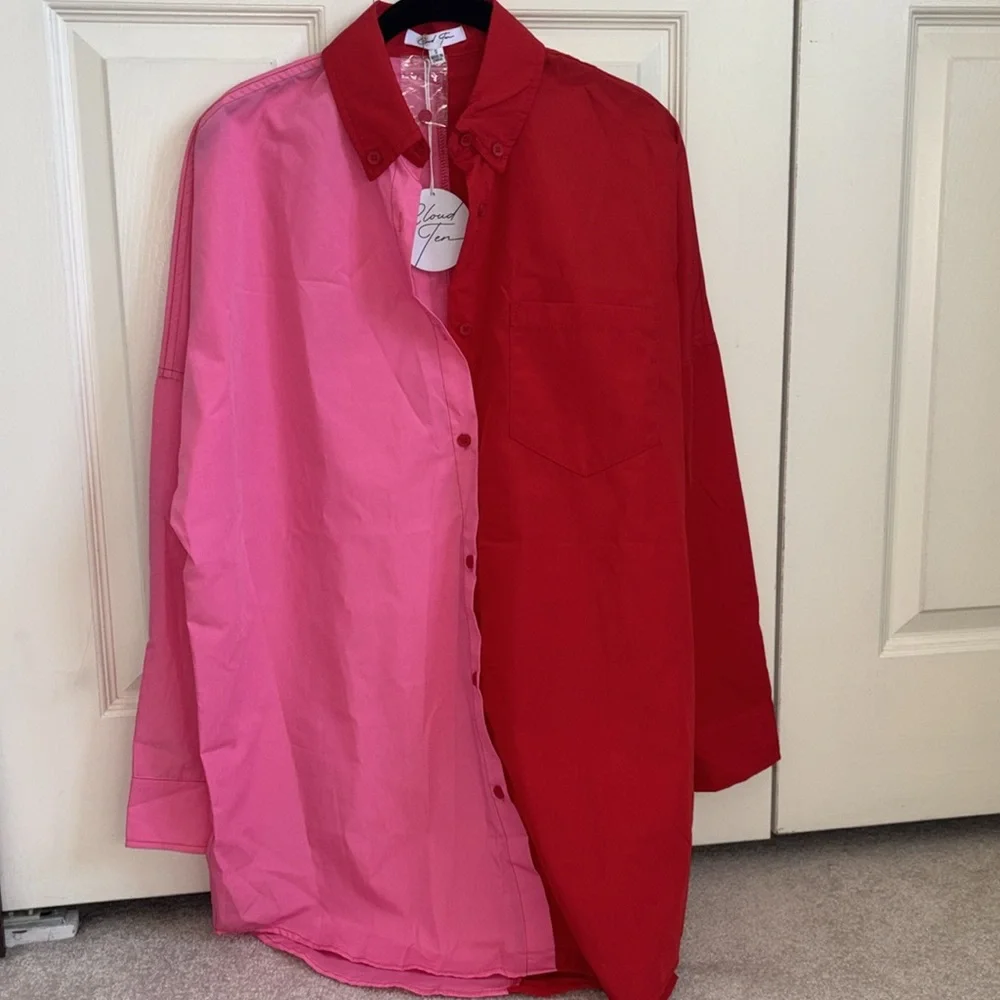 Dressed in LALA Bold Red and Pink Button Down Shirt - Picture 3 of 5